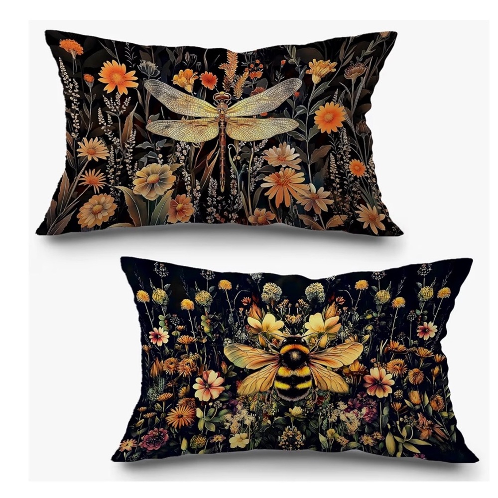 Floral Insect Decorative Pillow Cover Set - Black and Gold